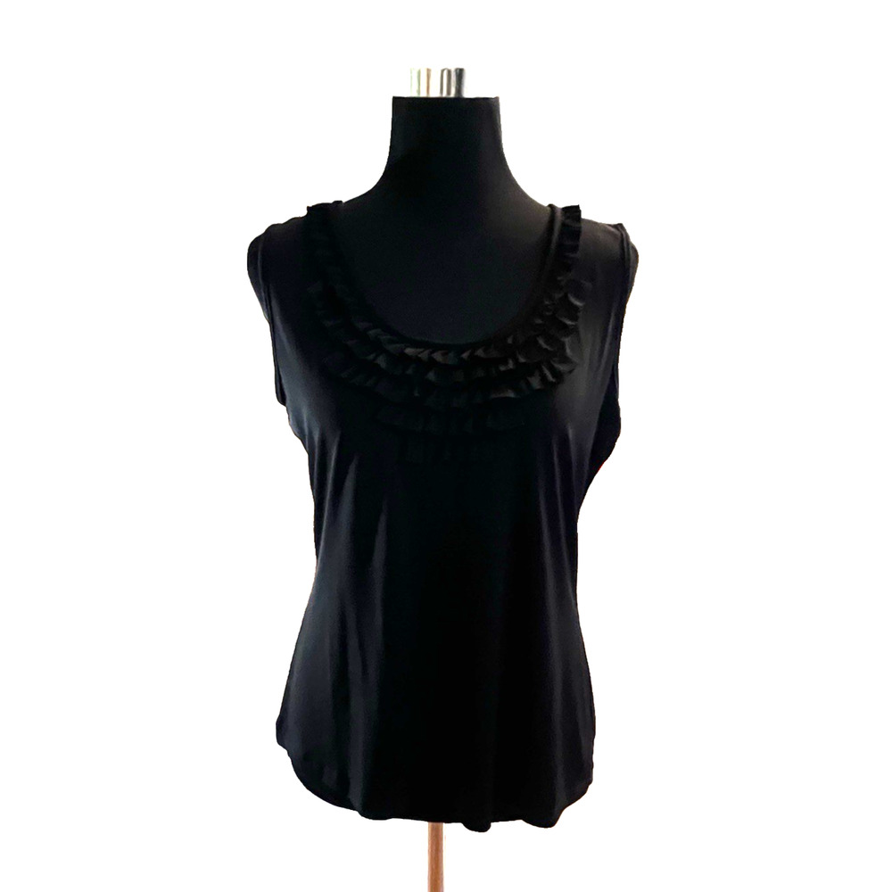 Vintage Suzie Top Blouse Sleeveless Black Ruffled Front Sz L Knit Stretch